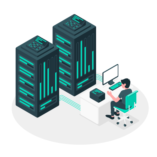 Ilustação de um homem em uma sala de data center sentado em uma mesa de fente a um compudadador